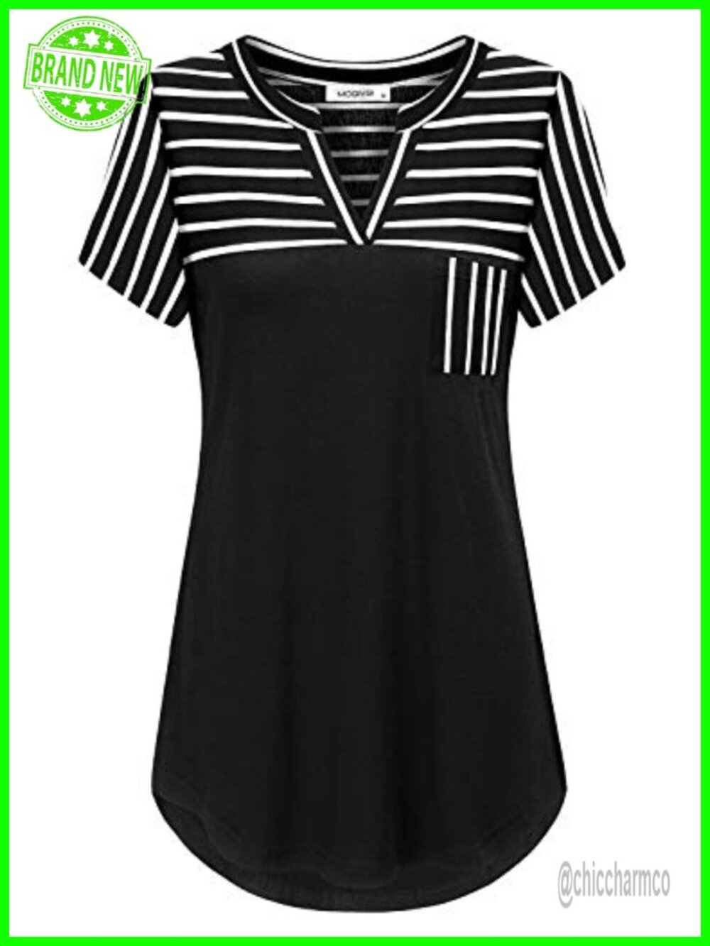 Womens Short Sleeve V Neck Hi Low Hem Tunic Top with Pocket